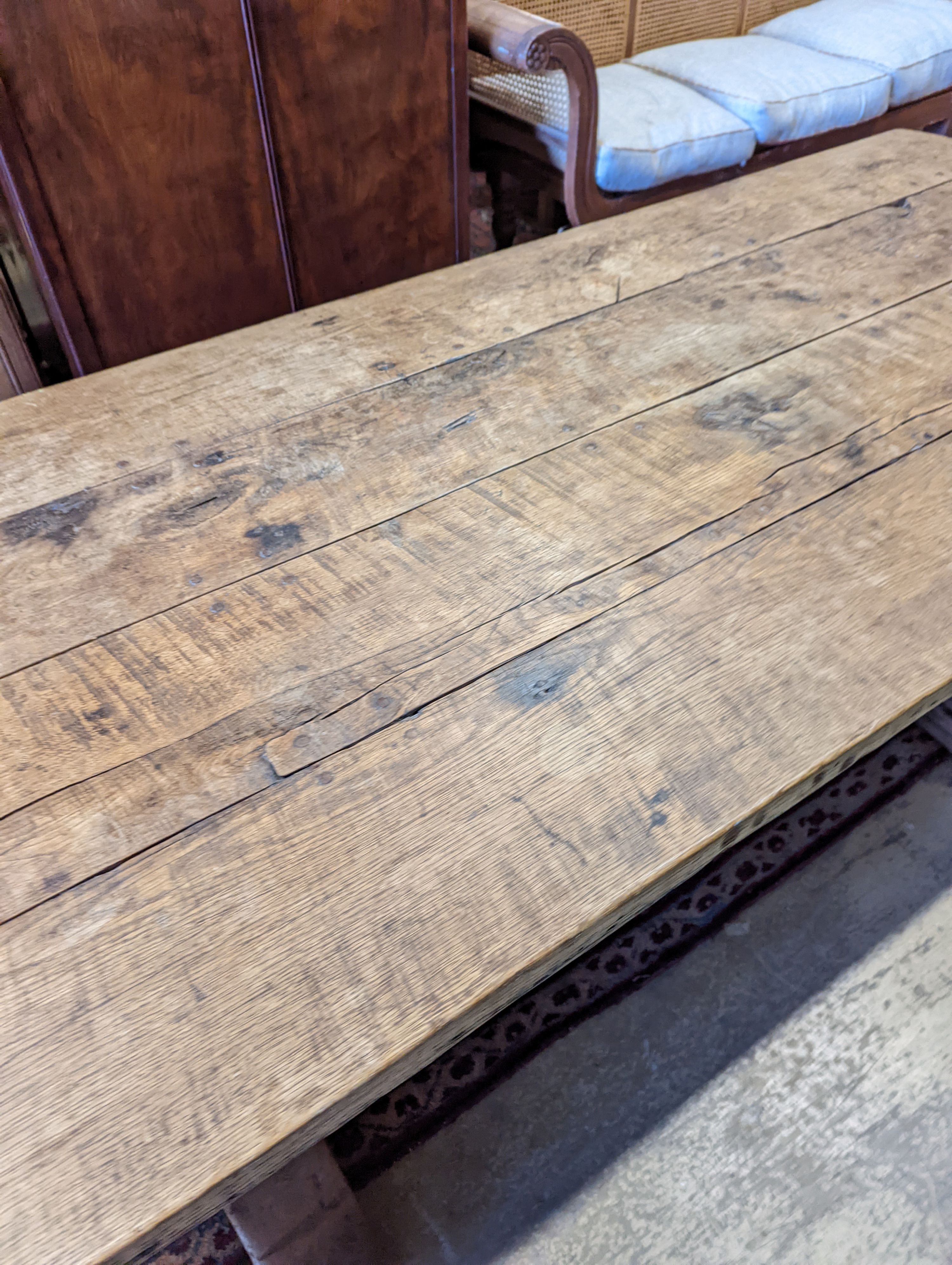 An 18th century style oak refectory dining table with planked top, length 228cm, depth 96cm, height 74cm